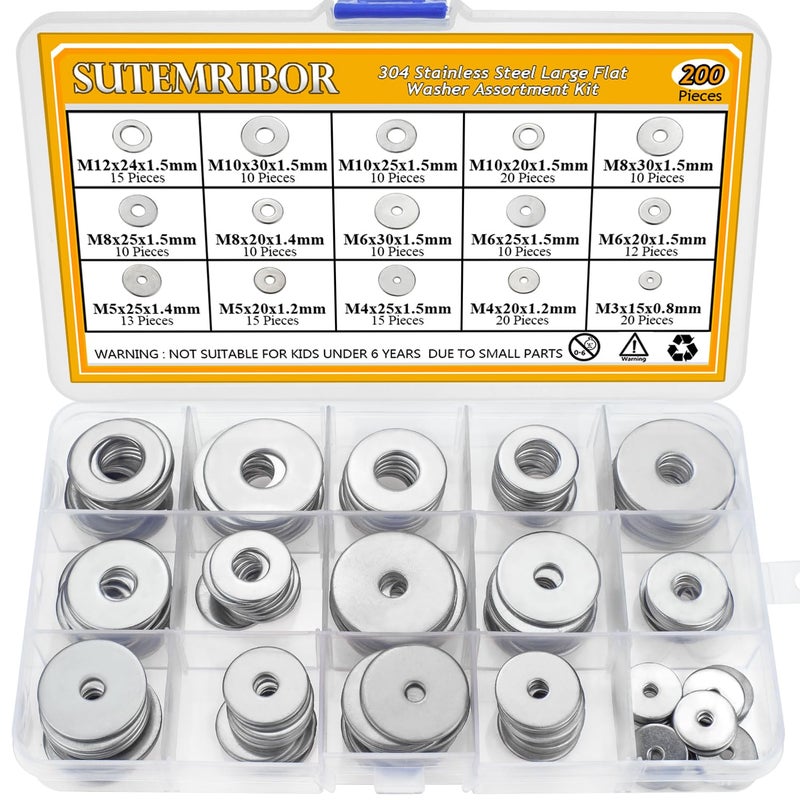 Sutemribor 304 Stainless Steel Large Fender Washer Assortment Kit 200 Pieces  15 Sizes - M3 M4 M5 M6 M8 M10 M12 - Image 1